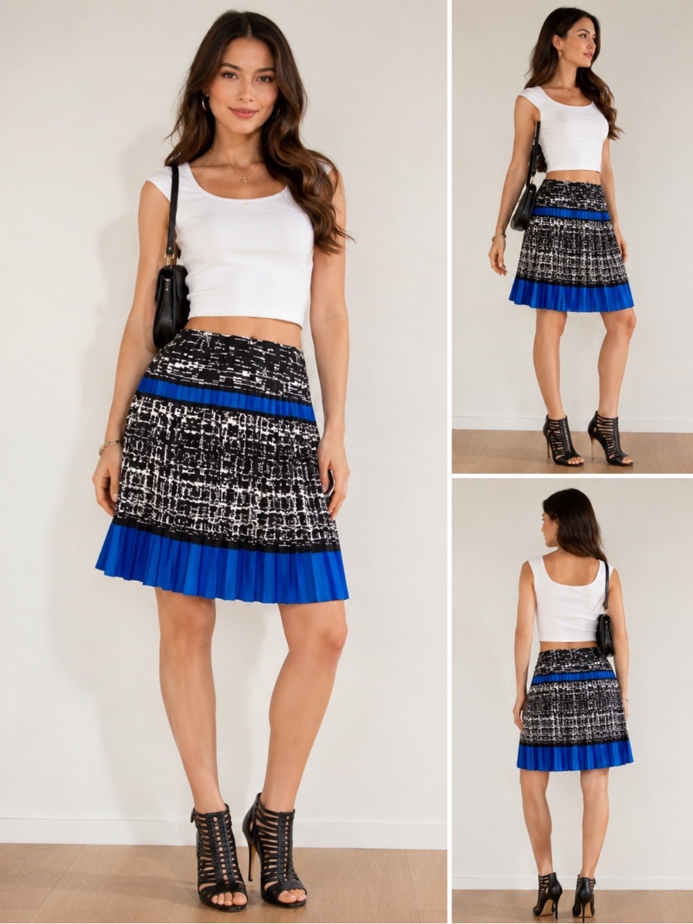 Vince Camuto Black-and-Blue Pleated Hem Printed A-Line Skirt